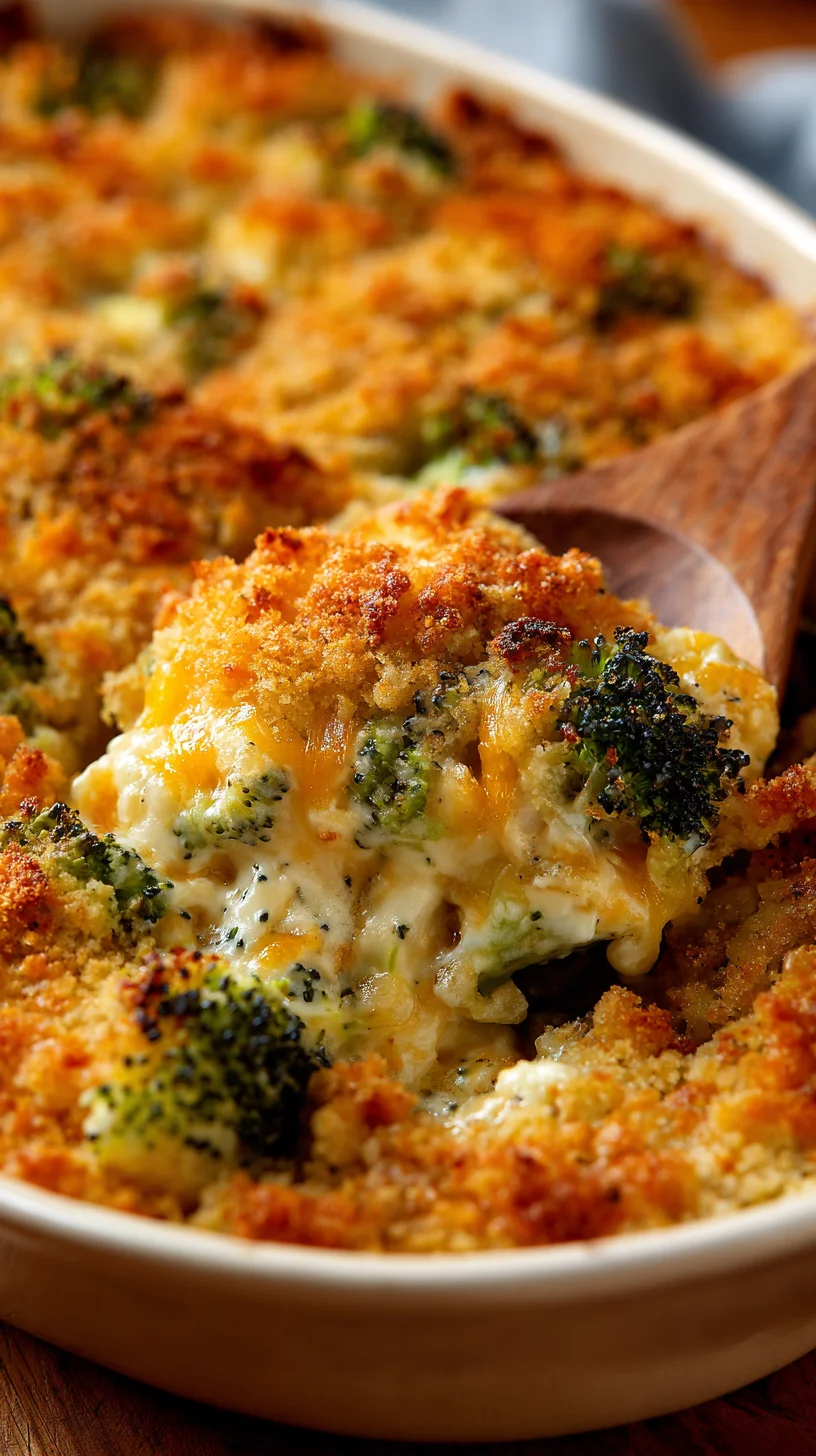 Creamy broccoli cheese casserole, golden-brown topping.