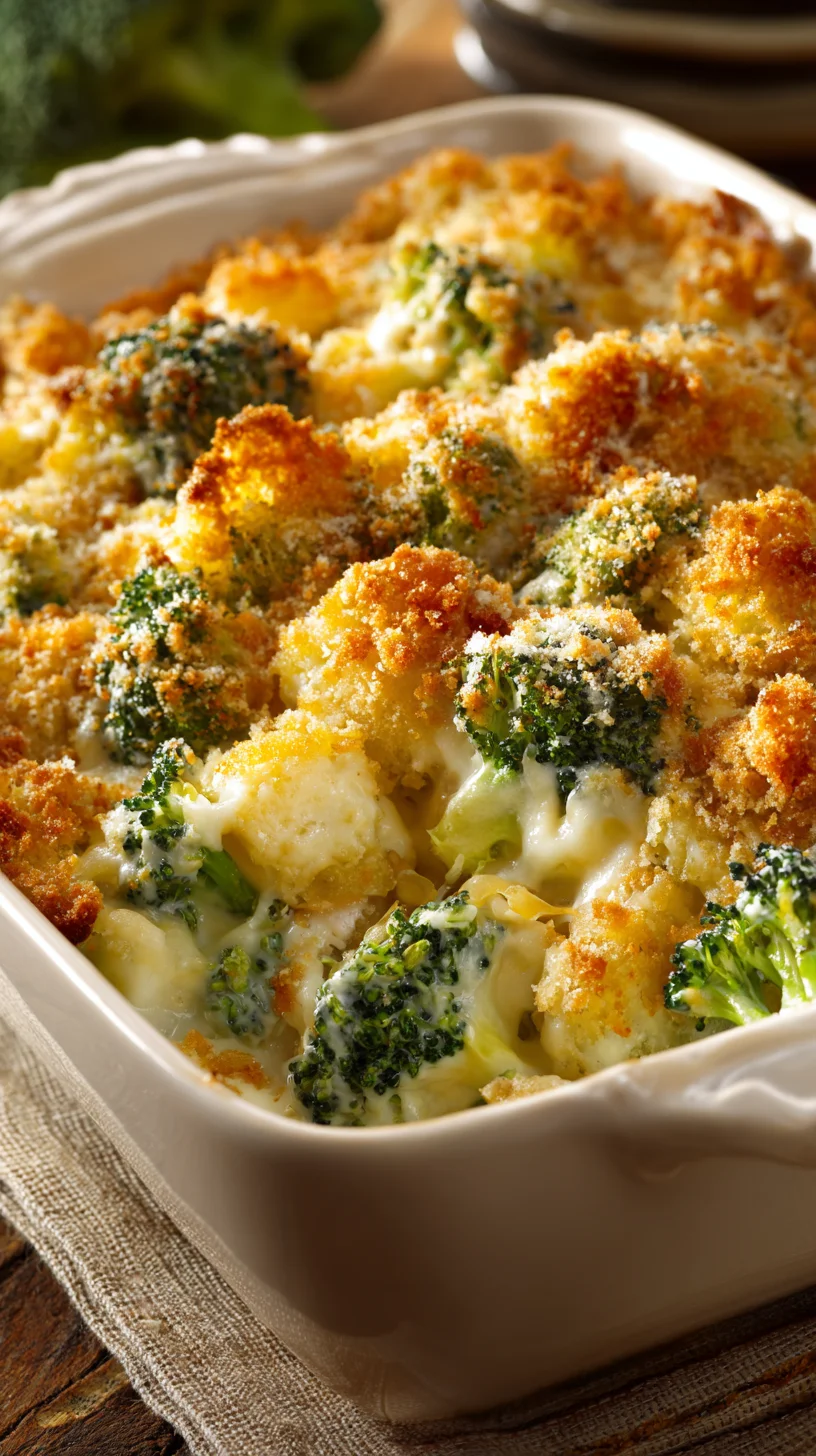 Close-up of bubbling, cheesy broccoli casserole. Close-up of bubbling, cheesy broccoli casserole.