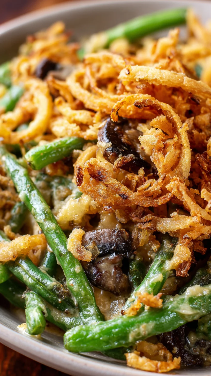 Vegan green bean casserole in a baking dish.