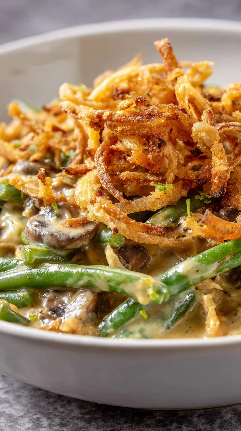Creamy, plant-based green bean casserole with crispy fried onions. Creamy, plant-based green bean casserole with crispy fried onions.