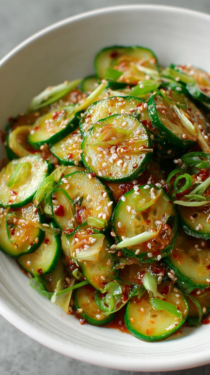 Korean cucumber salad, sliced and seasoned.