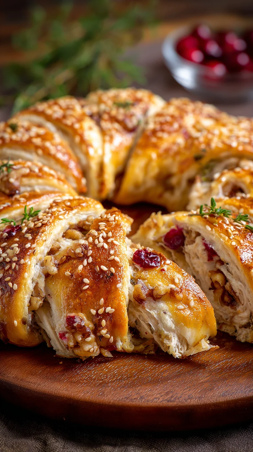 Turkey and cranberry crescent ring, golden brown and savory. Turkey and cranberry crescent ring, golden brown and savory.