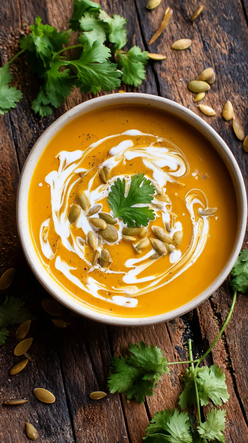Bowl of vibrant autumn soup garnished with herbs.