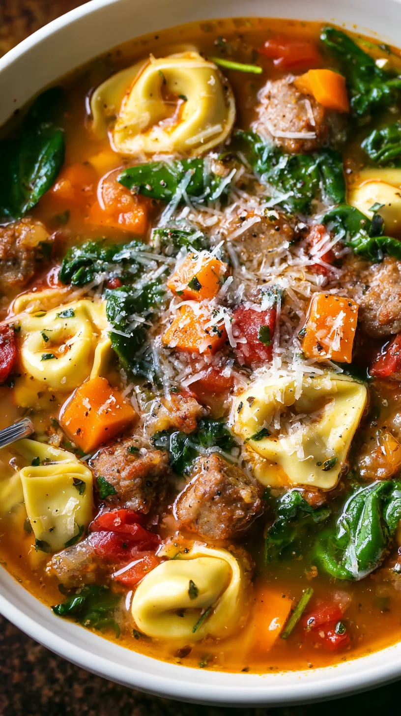 Tortellini soup with sausage in an orange broth.