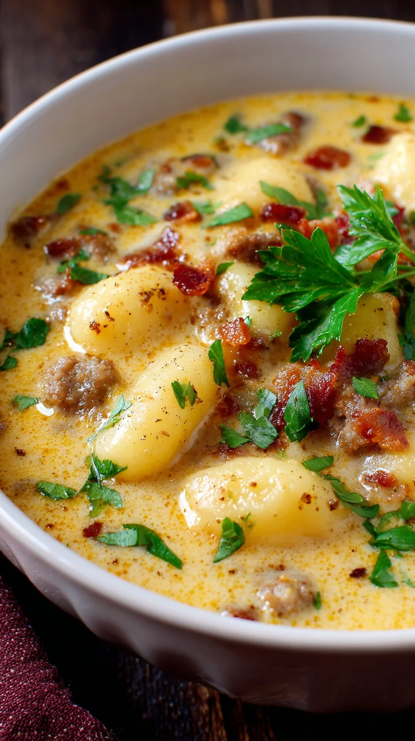 Creamy bacon cheddar gnocchi soup in a bowl.