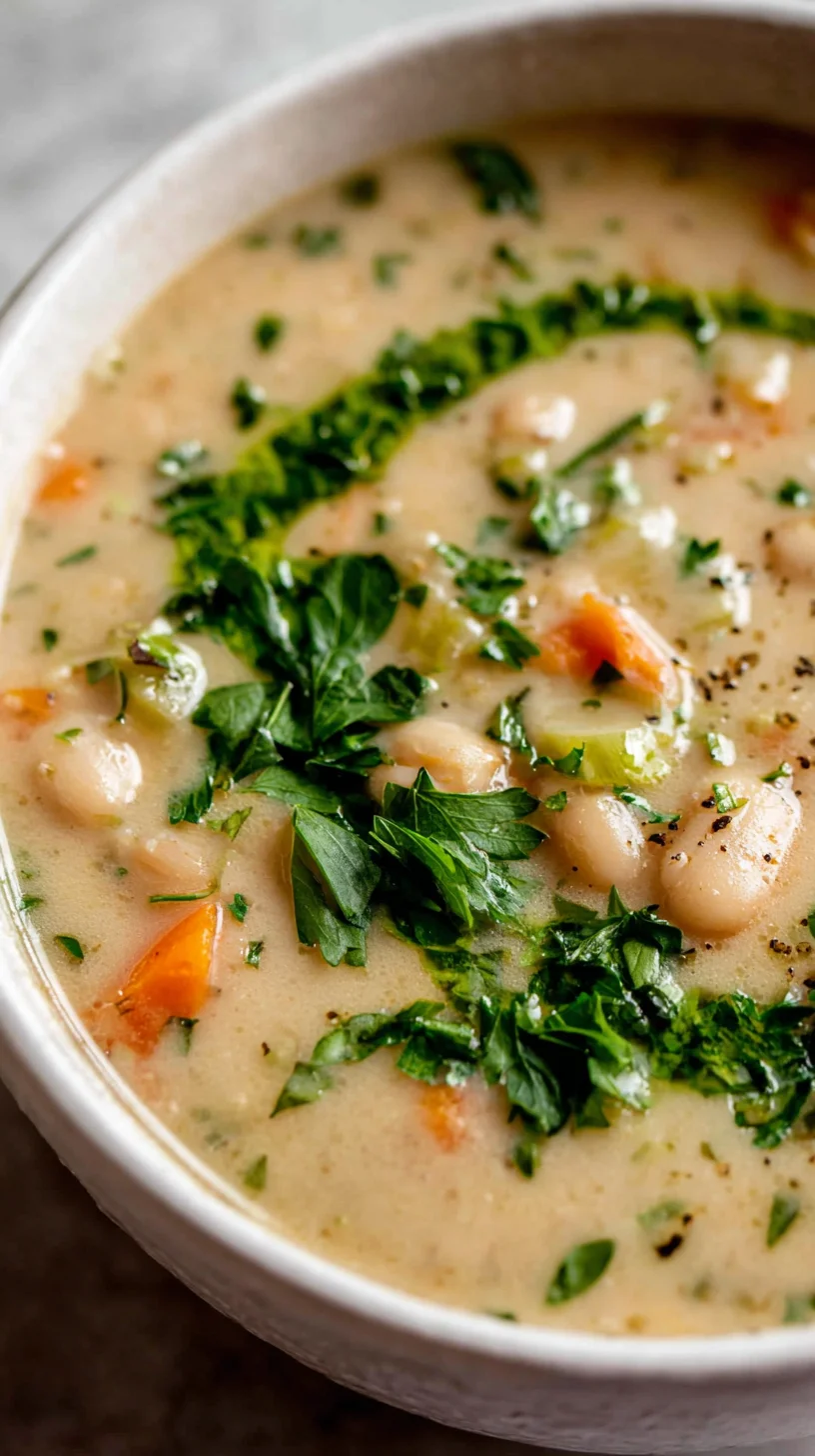Overhead view of steaming white bean soup.