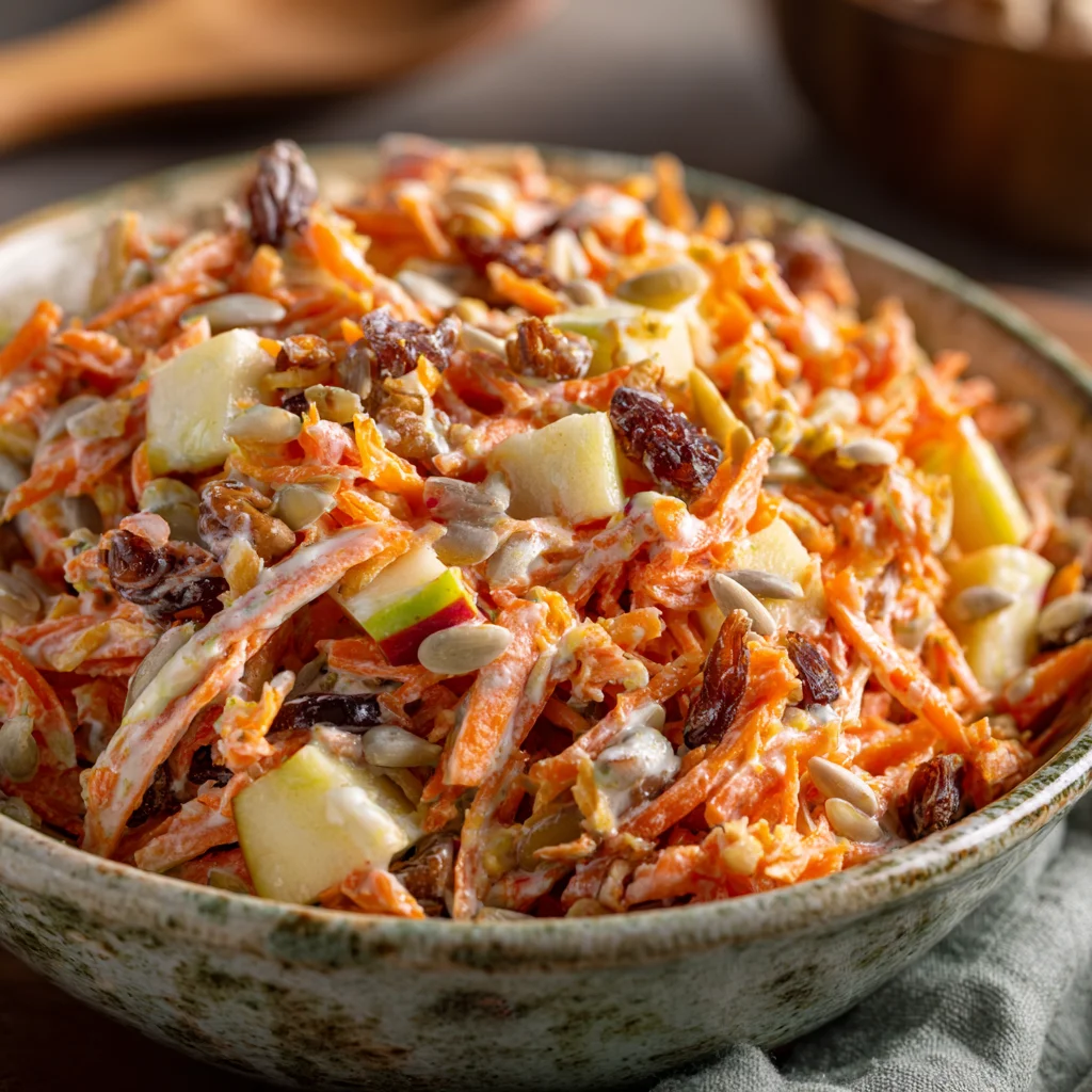 Close-up of grated carrots and apples in a salad. Close-up of grated carrots and apples in a salad.