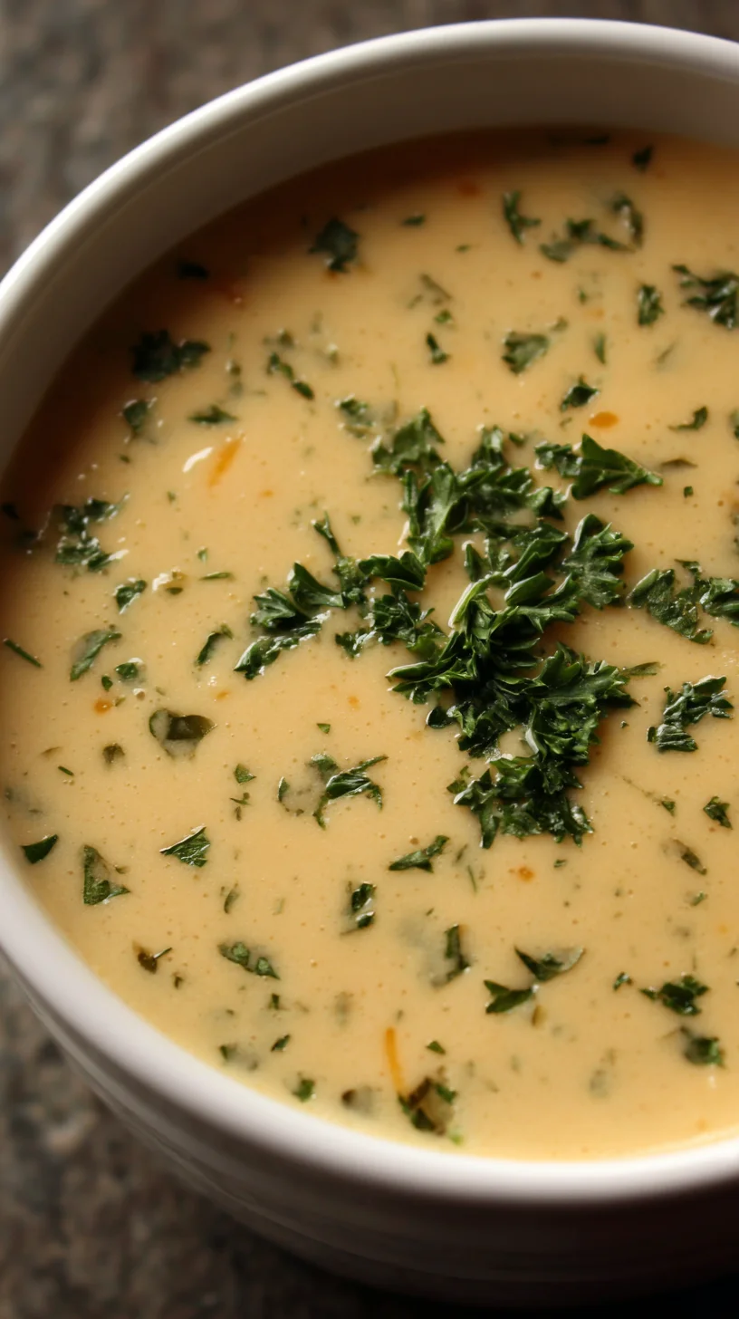 Creamy cheddar garlic herb potato soup in a bowl.