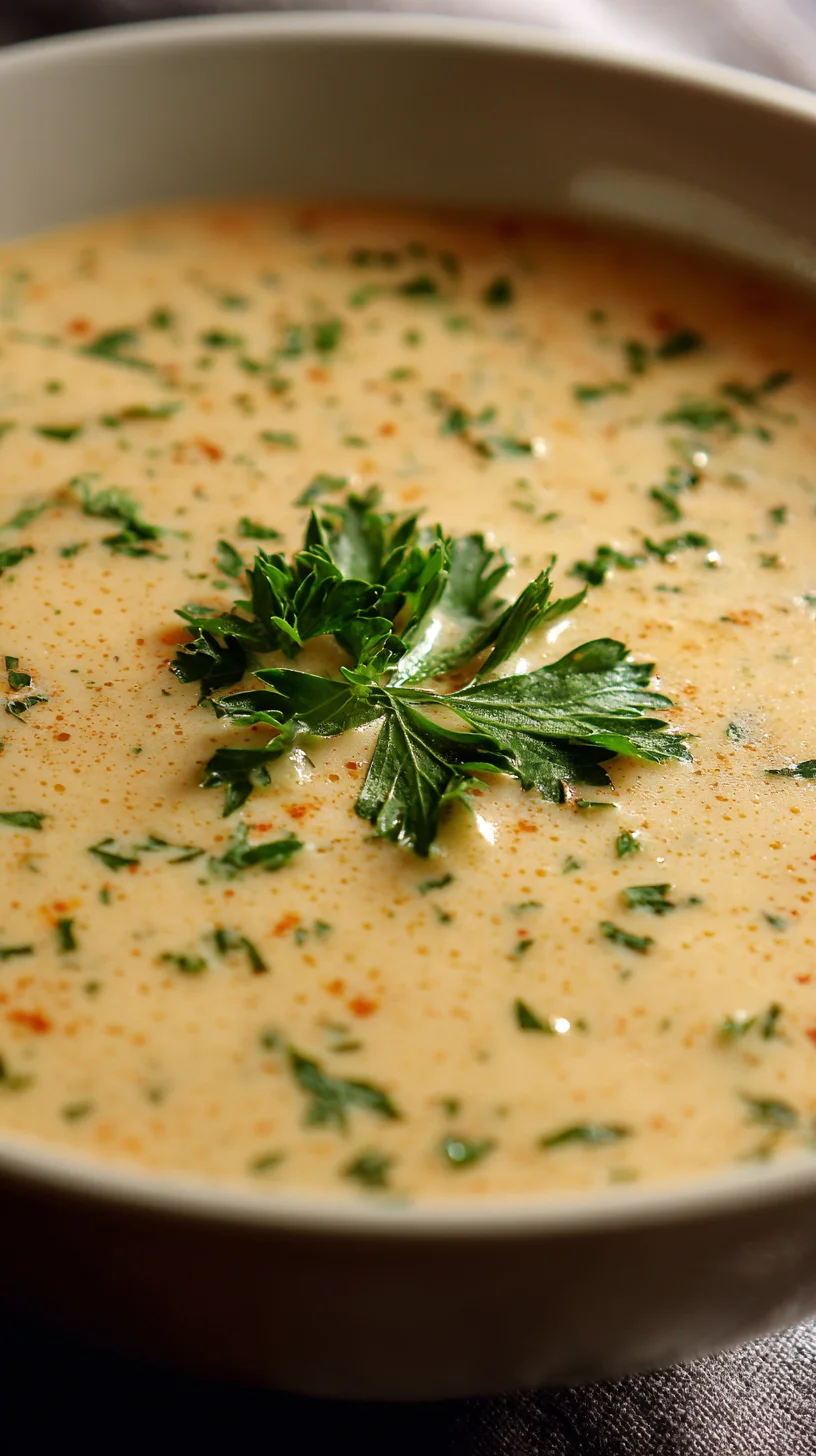 Close-up of cheesy potato soup garnished with herbs.