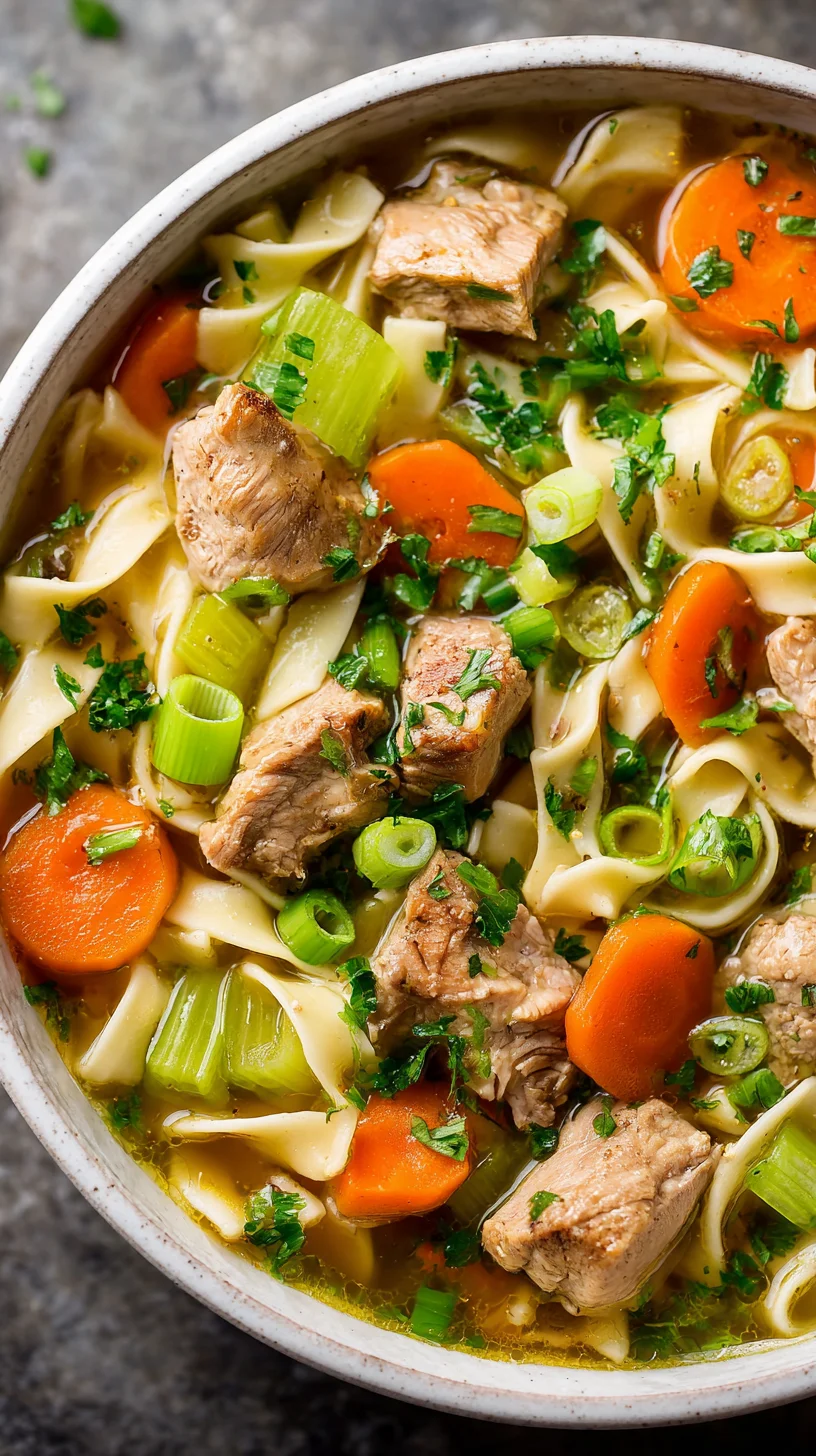 Steaming bowl of classic chicken noodle soup with visible ginger and garlic.