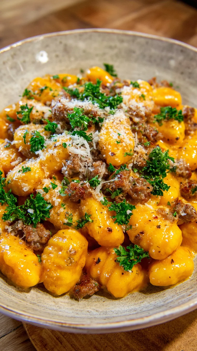 Creamy butternut squash gnocchi with sausage.