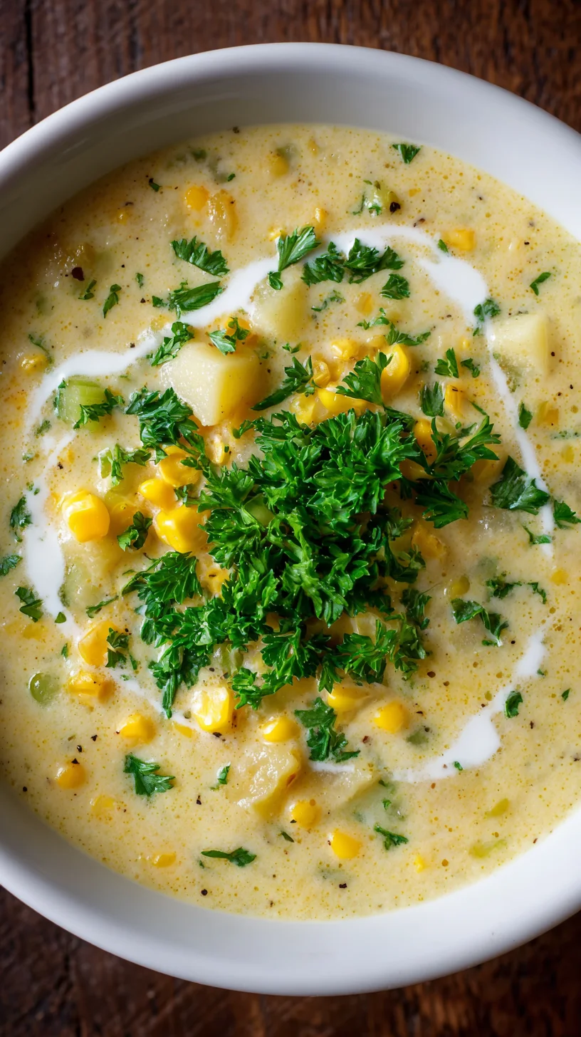 Golden corn chowder with parsley garnish.