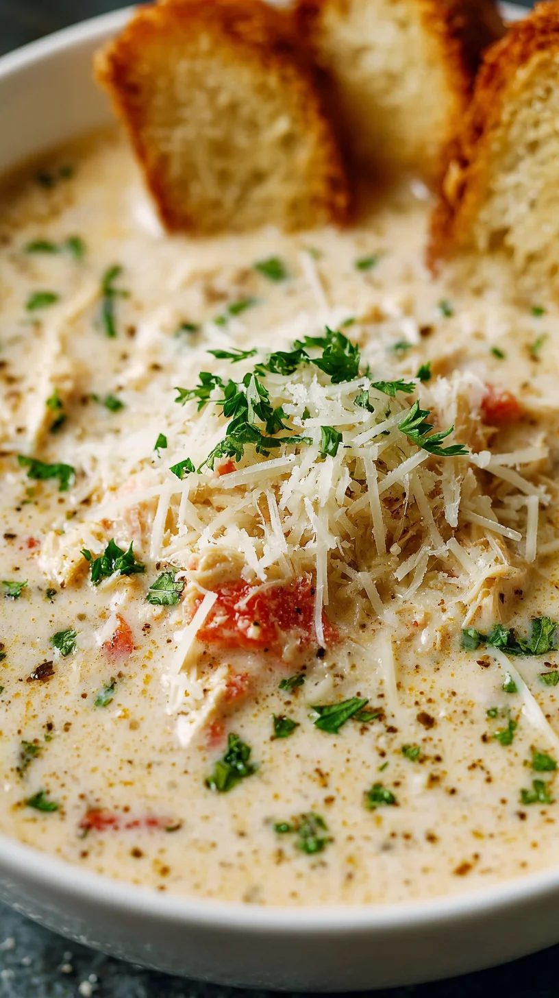 Close-up of cheesy, herbed chicken soup.