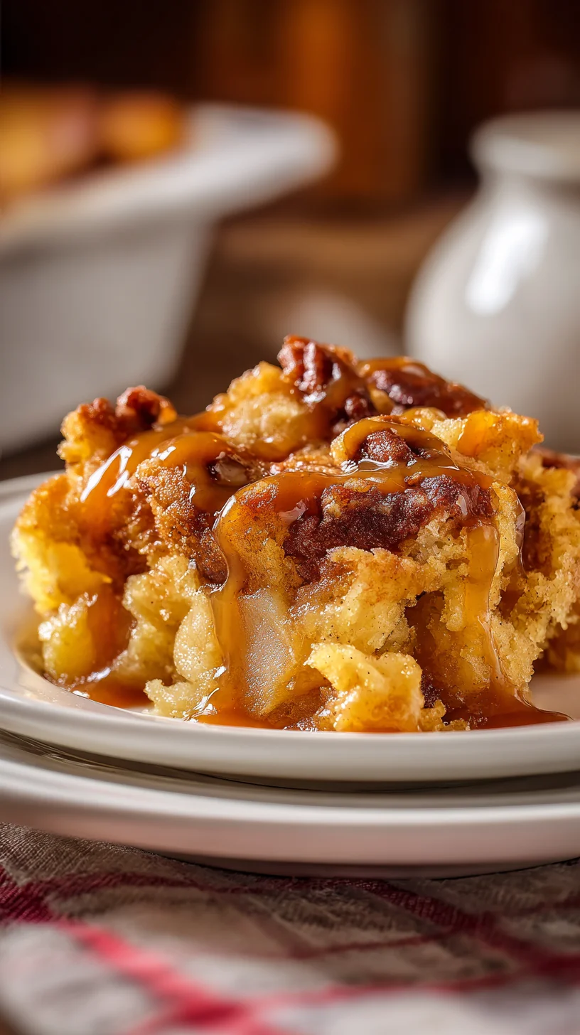 Close-up of warm, bubbling caramel apple dump cake. Close-up of warm, bubbling caramel apple dump cake.