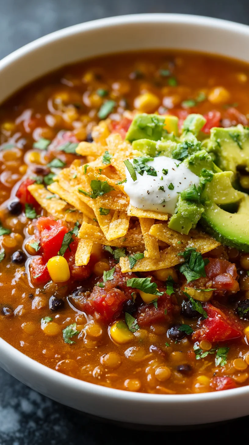Lentil tortilla soup garnished with avocado and crema. Lentil tortilla soup garnished with avocado and crema.