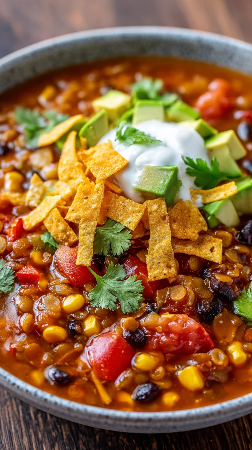 Close-up of vibrant, steaming lentil tortilla soup. Close-up of vibrant, steaming lentil tortilla soup.