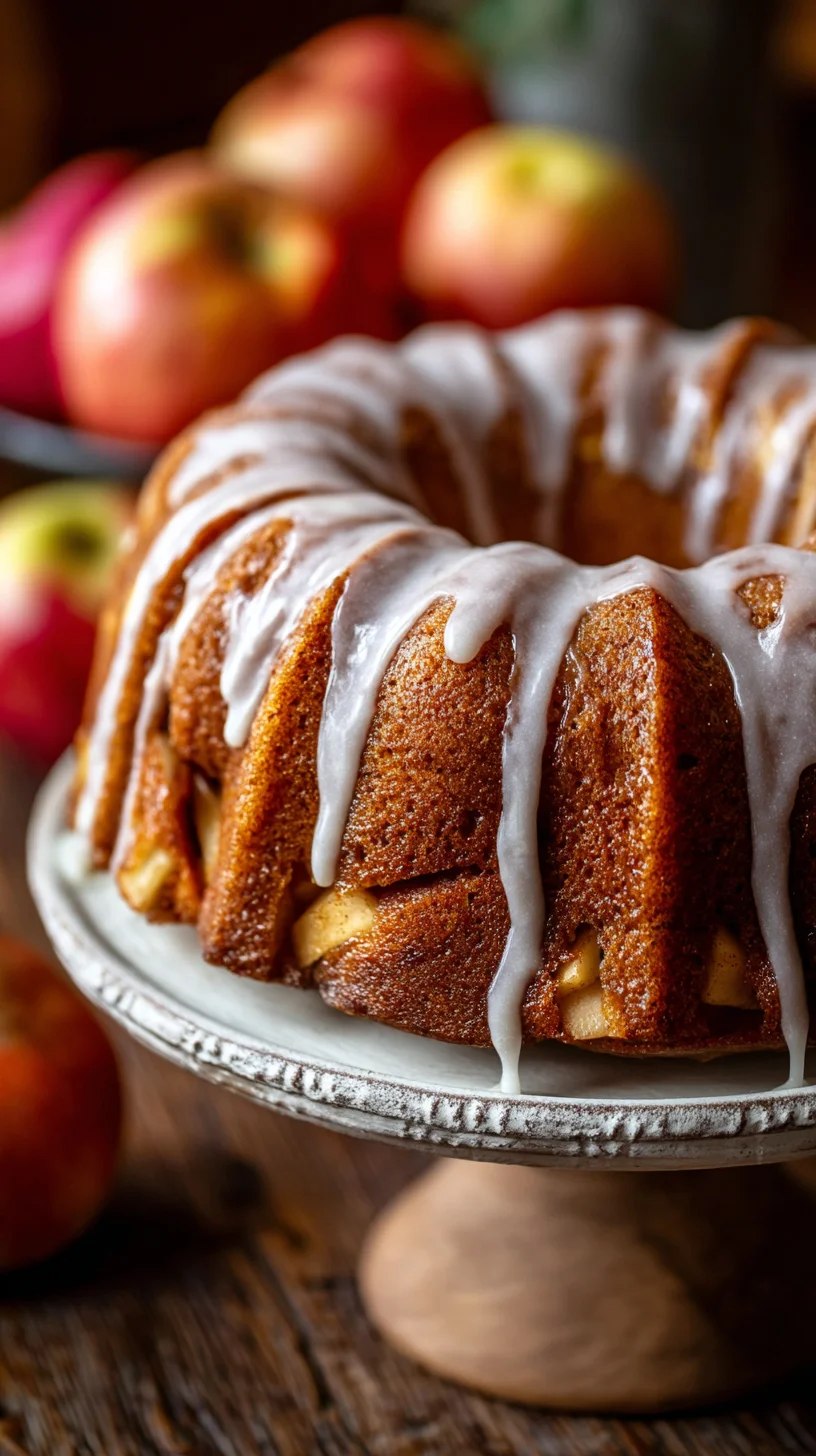 Golden apple bundt cake on a rustic wooden surface.
