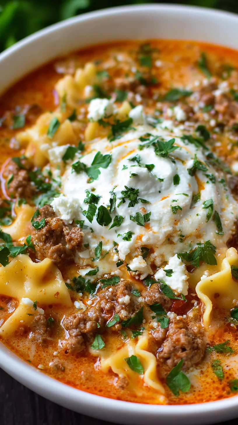 Creamy lasagna soup in a white bowl.