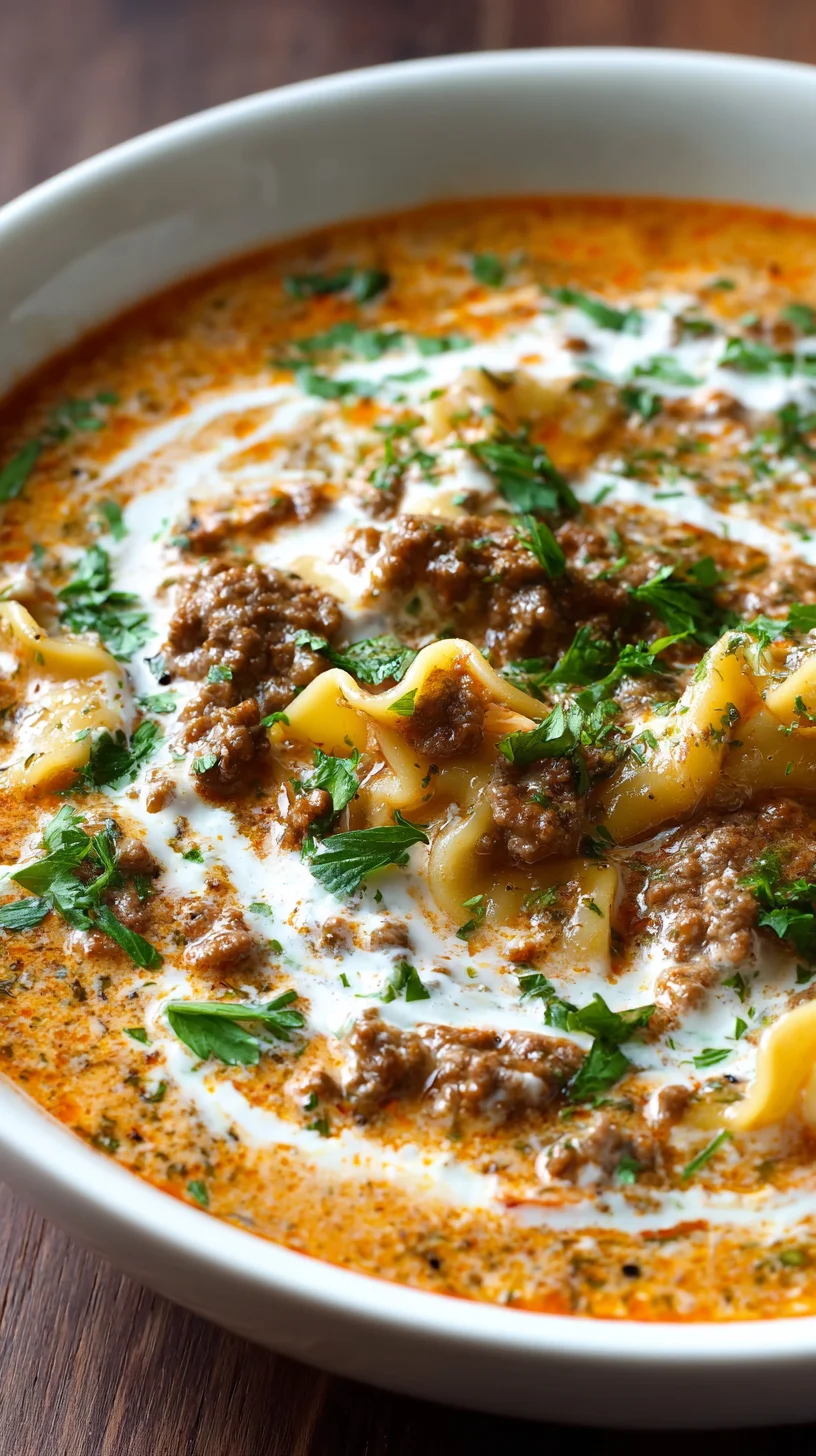 Close-up of lasagna soup with ricotta swirl.