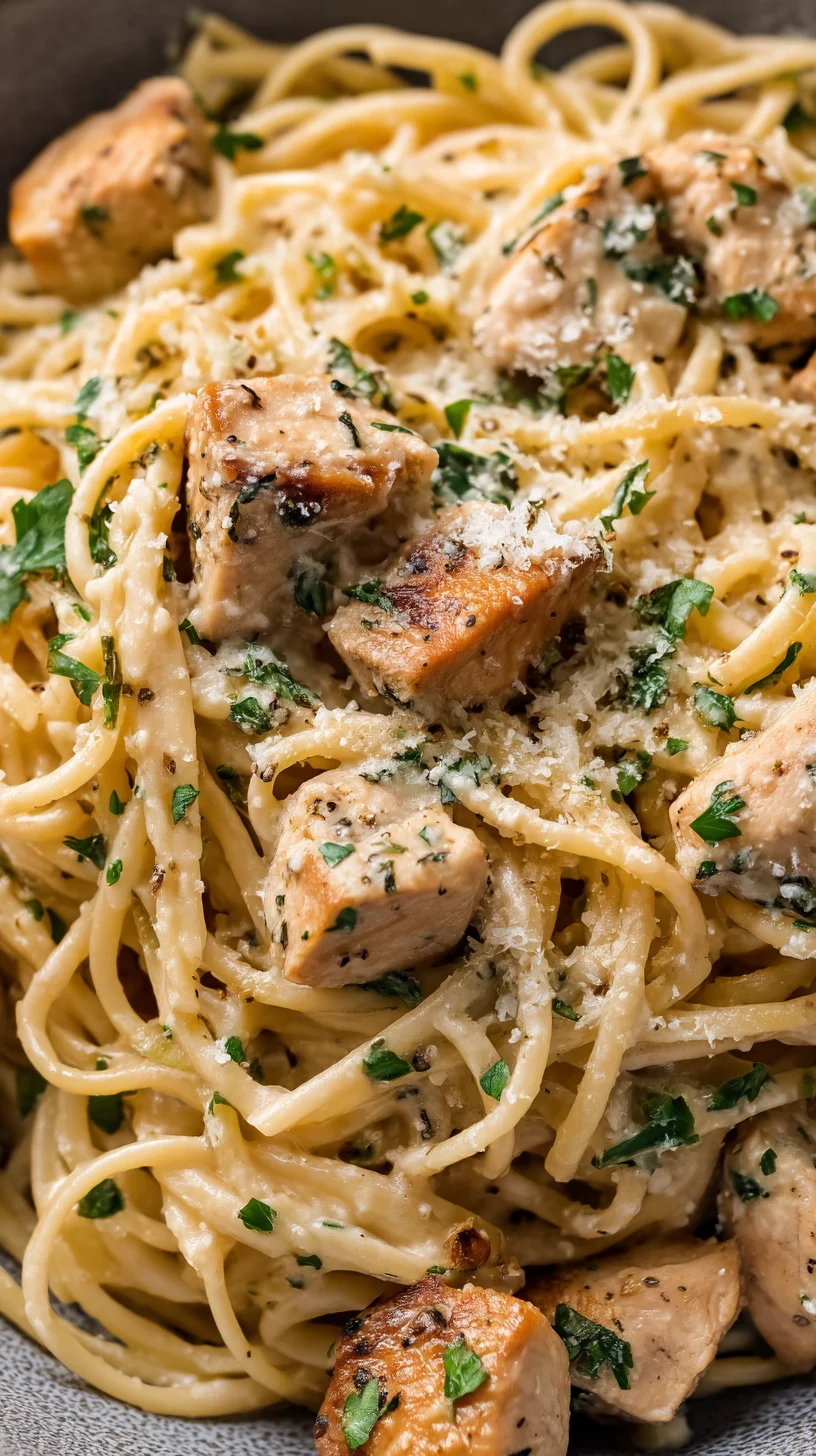 Creamy parmesan chicken pasta close-up.