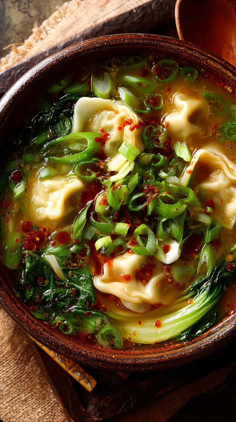 Steaming bowl of potsticker soup with visible dumplings and broth.