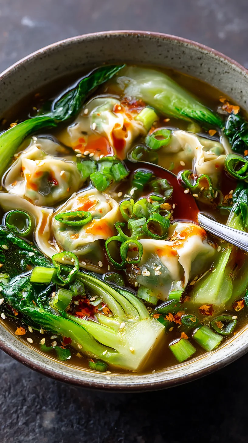 Close-up of a potsticker dumpling in flavorful soup.