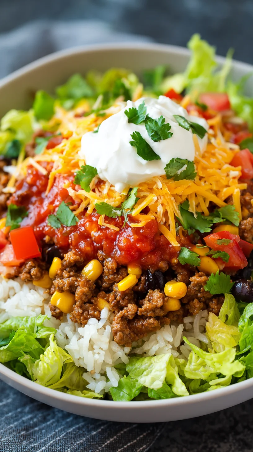 Overhead view of a vibrant taco bowl.