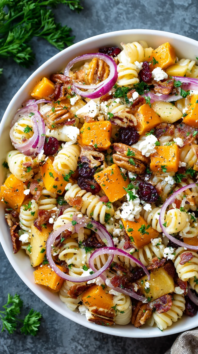 Vibrant pasta salad featuring seasonal autumn vegetables. Vibrant pasta salad featuring seasonal autumn vegetables.