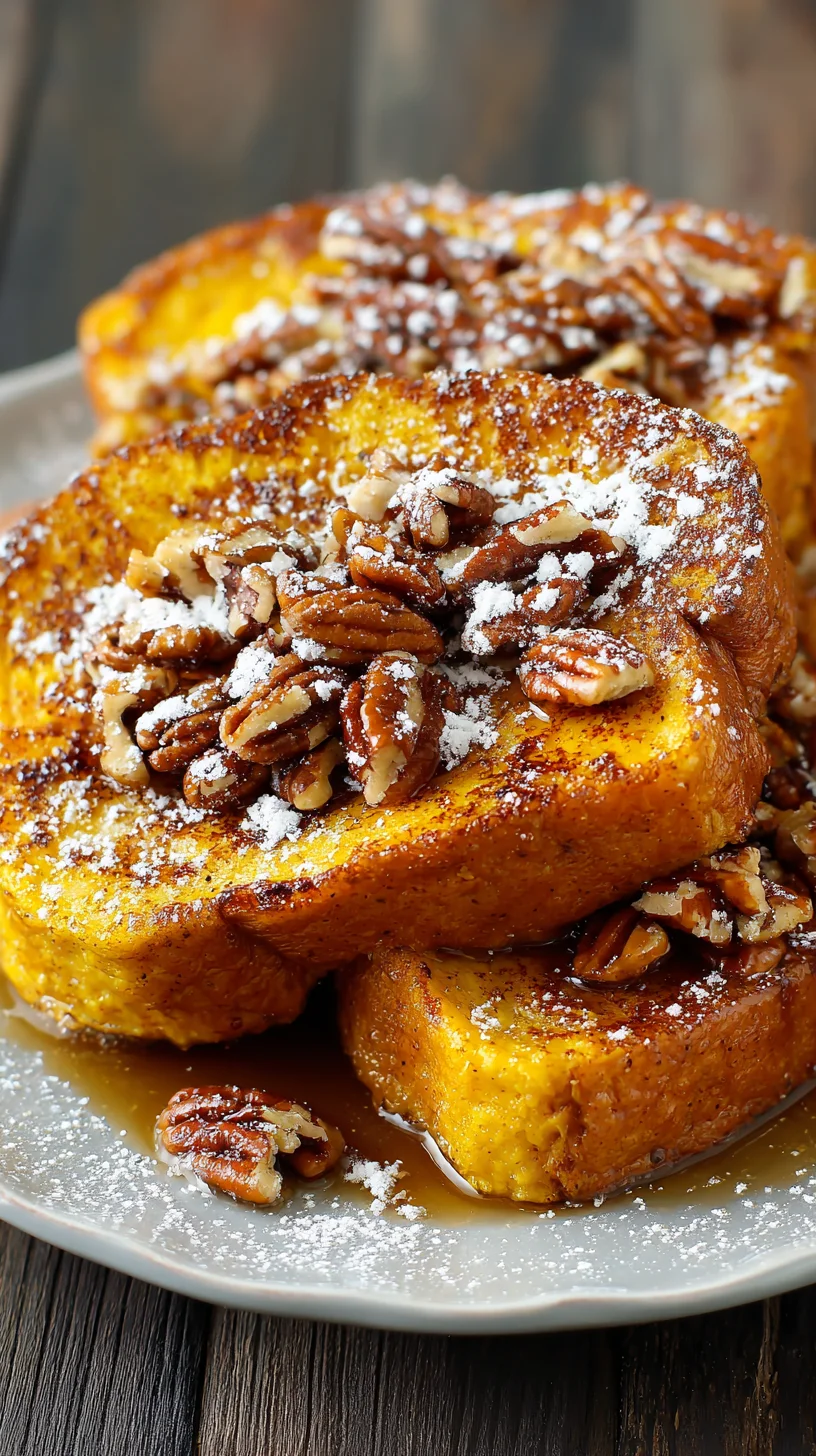 Pumpkin French toast with fall foliage backdrop.