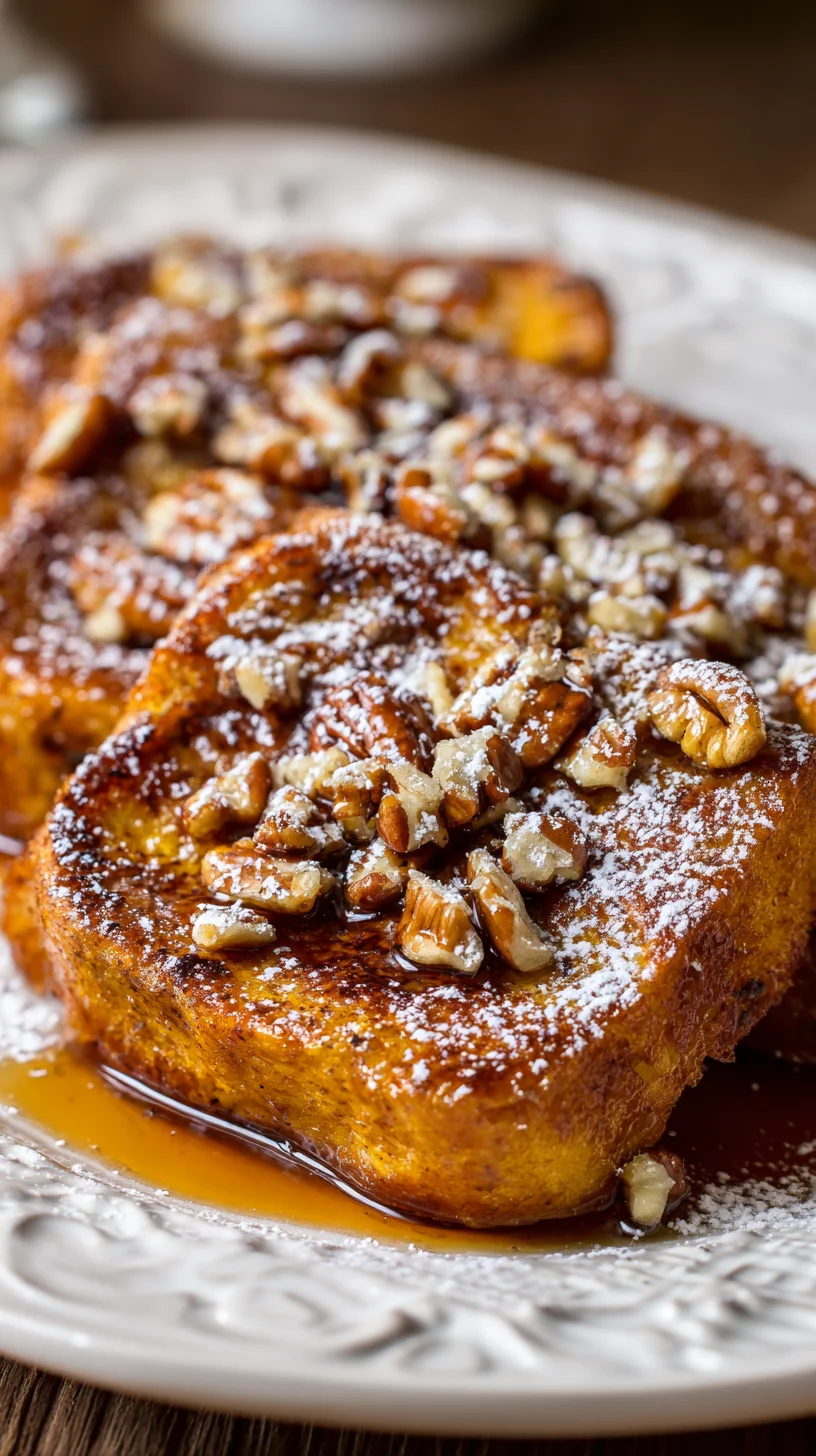 Stack of pumpkin spice French toast, drizzled with syrup.