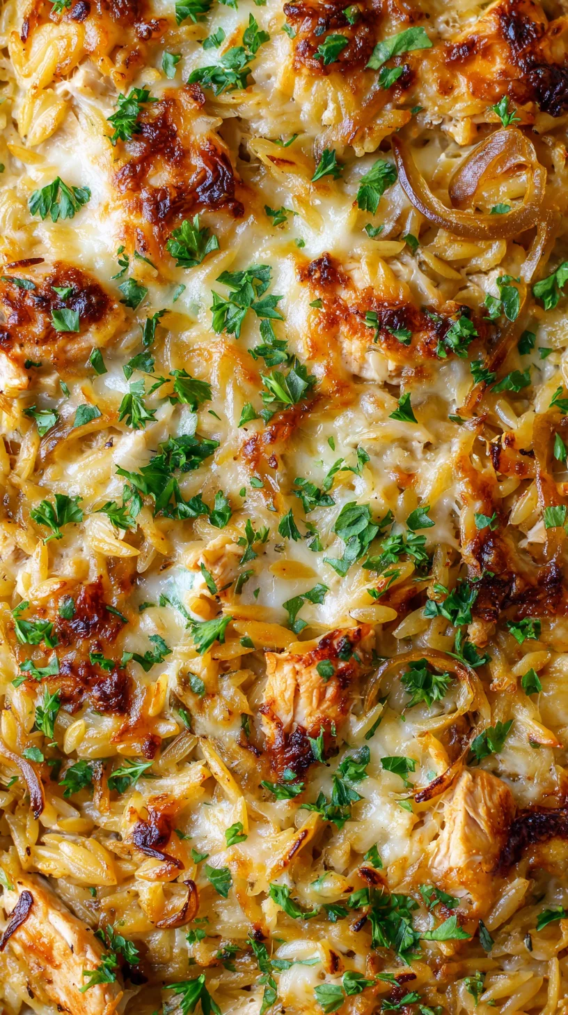 French onion chicken orzo casserole in a baking dish.