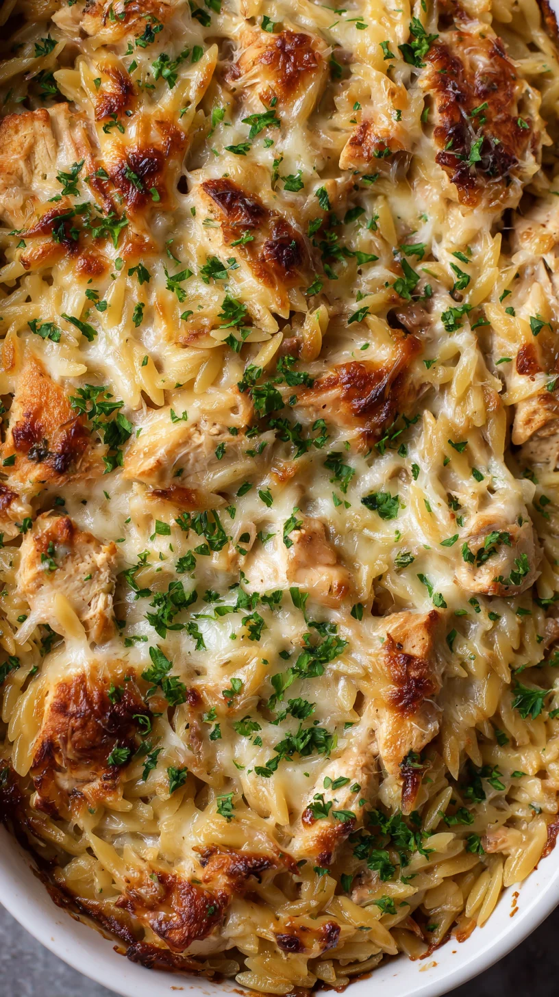 Close-up of cheesy, golden-brown French onion chicken orzo casserole.