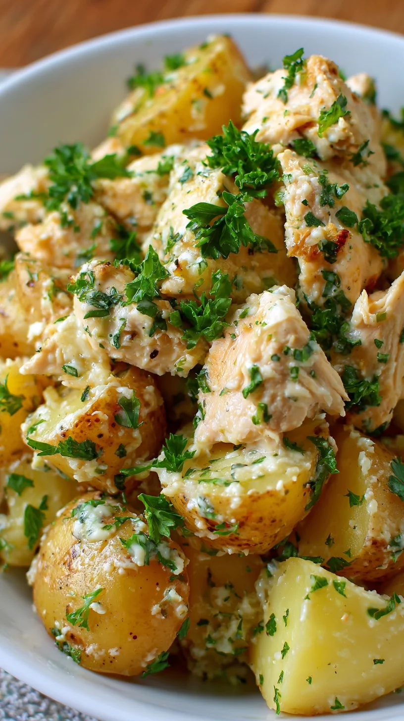 Creamy garlic parmesan chicken and potatoes slow-cooked. Creamy garlic parmesan chicken and potatoes slow-cooked.