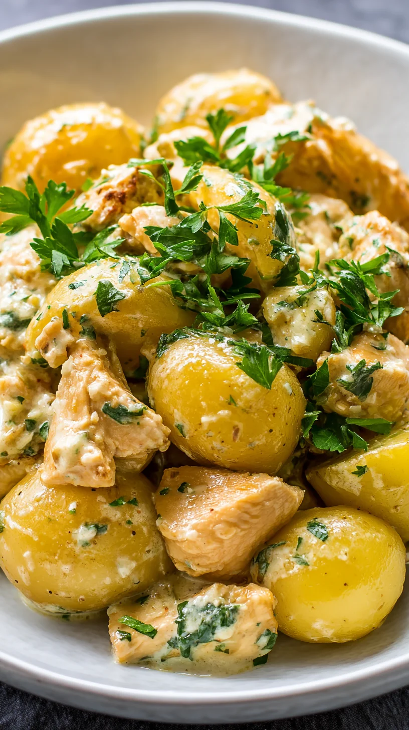 Crockpot meal of chicken, potatoes, and parmesan garlic sauce. Crockpot meal of chicken, potatoes, and parmesan garlic sauce.