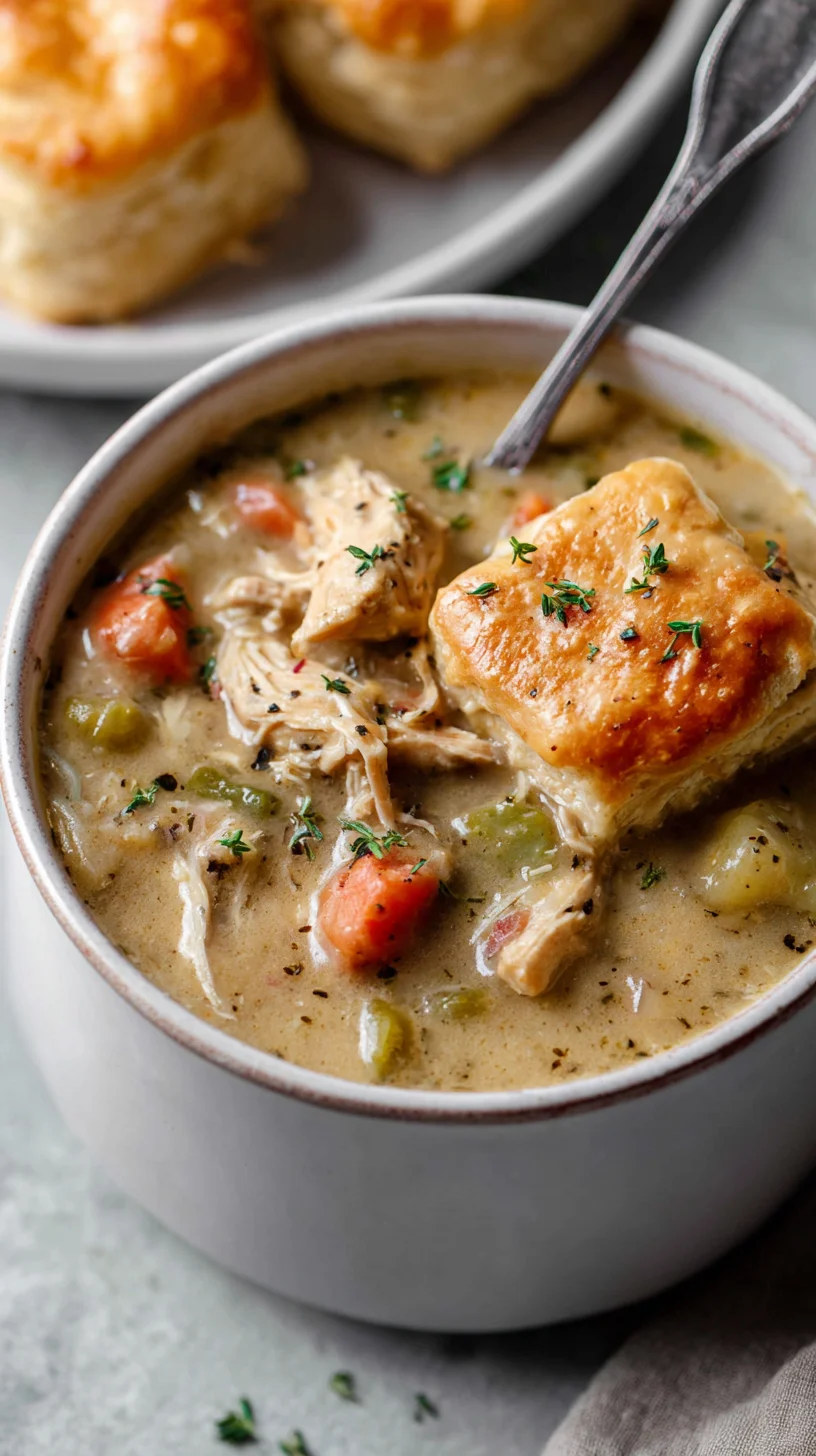 Creamy chicken pot pie soup in a rustic bowl.