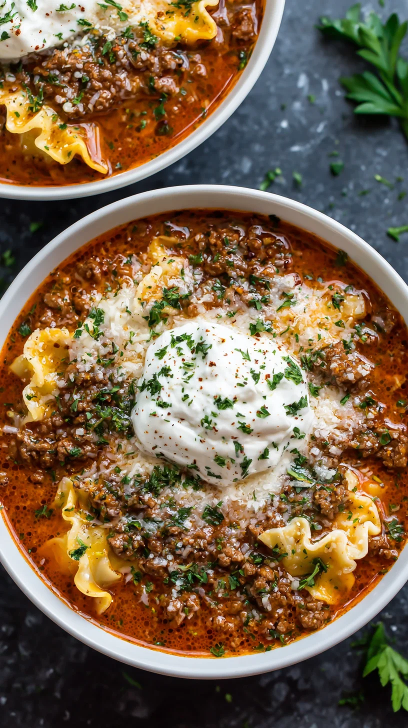 High-protein lasagna soup in a bowl.