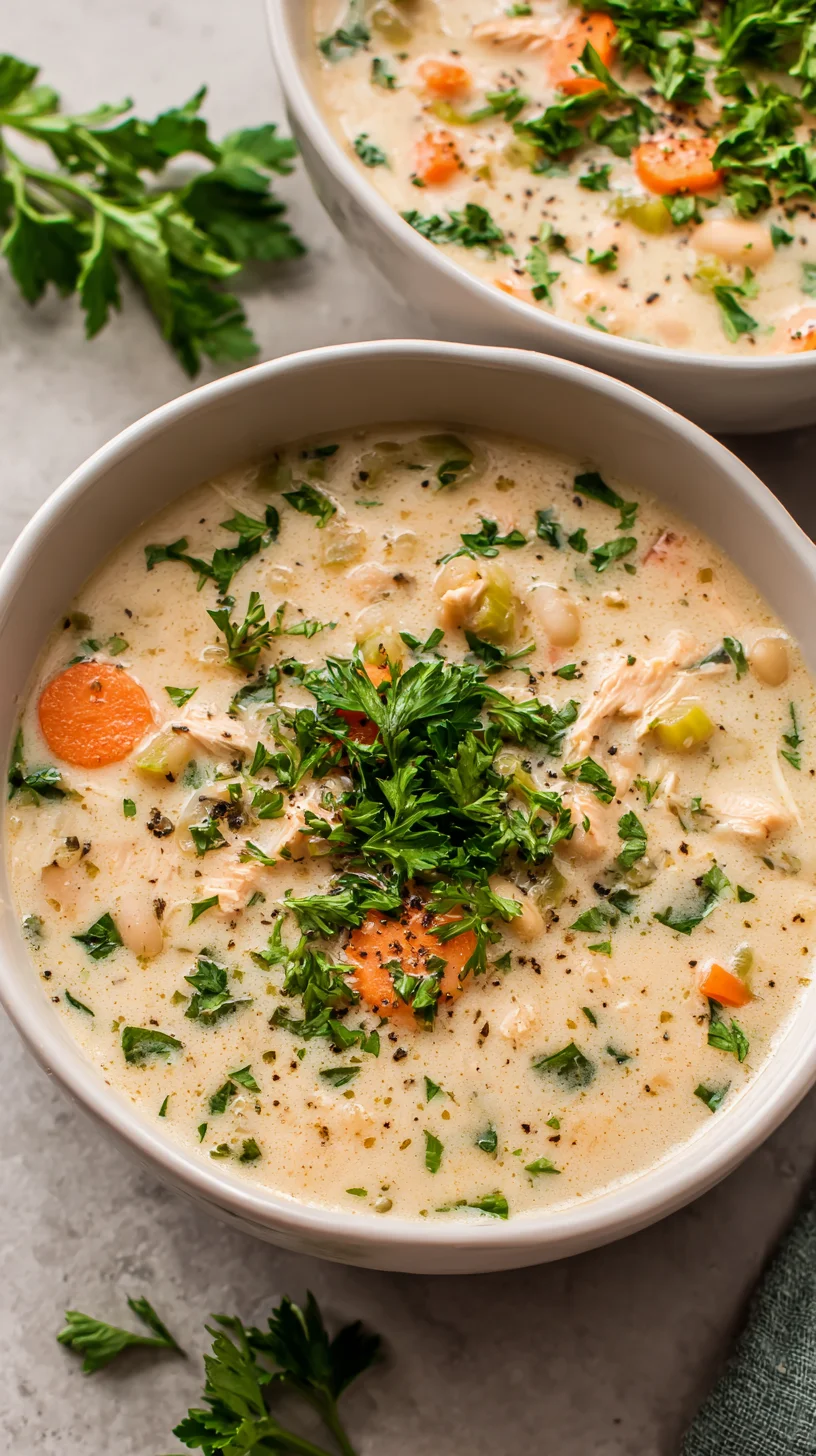 Close-up of high protein white bean soup.
