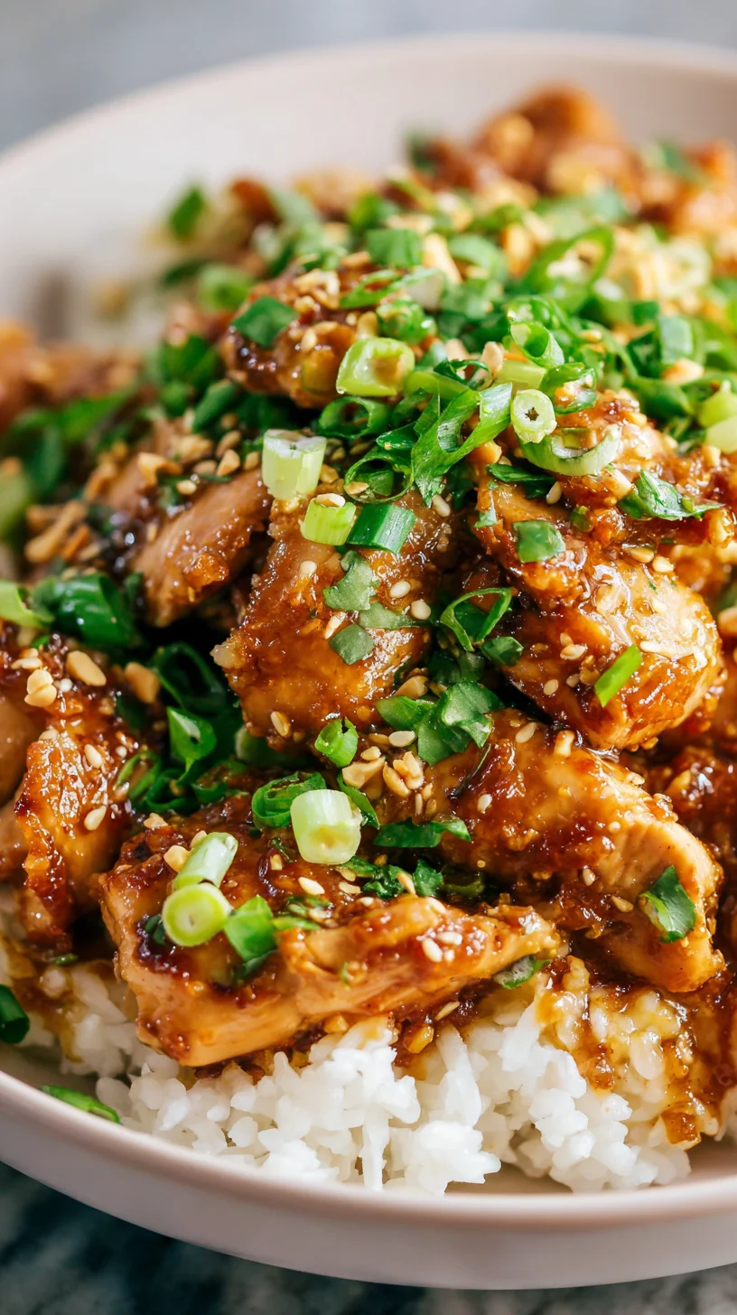 Close-up of saucy Thai peanut chicken over rice.