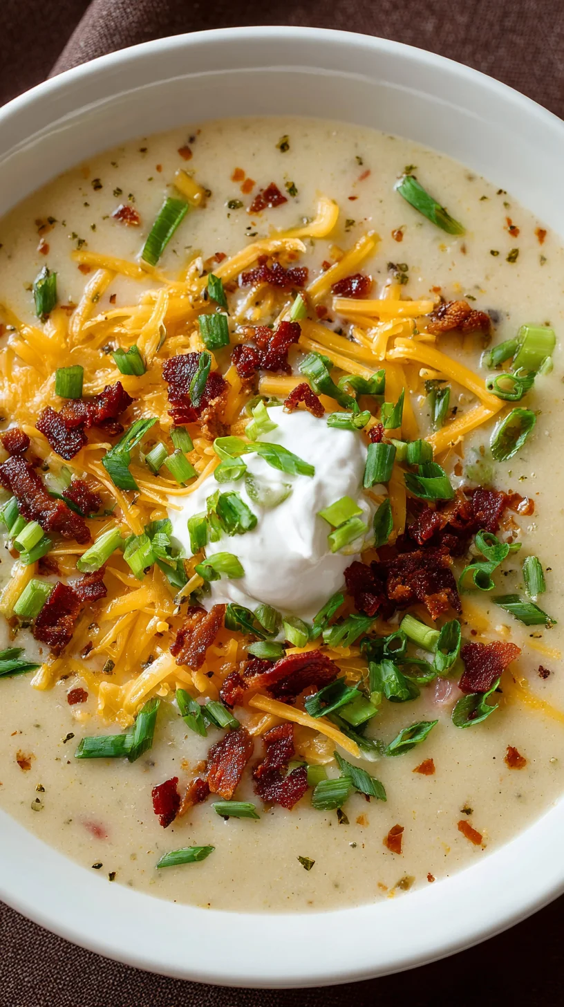 Close-up of potato soup with bacon and chives.