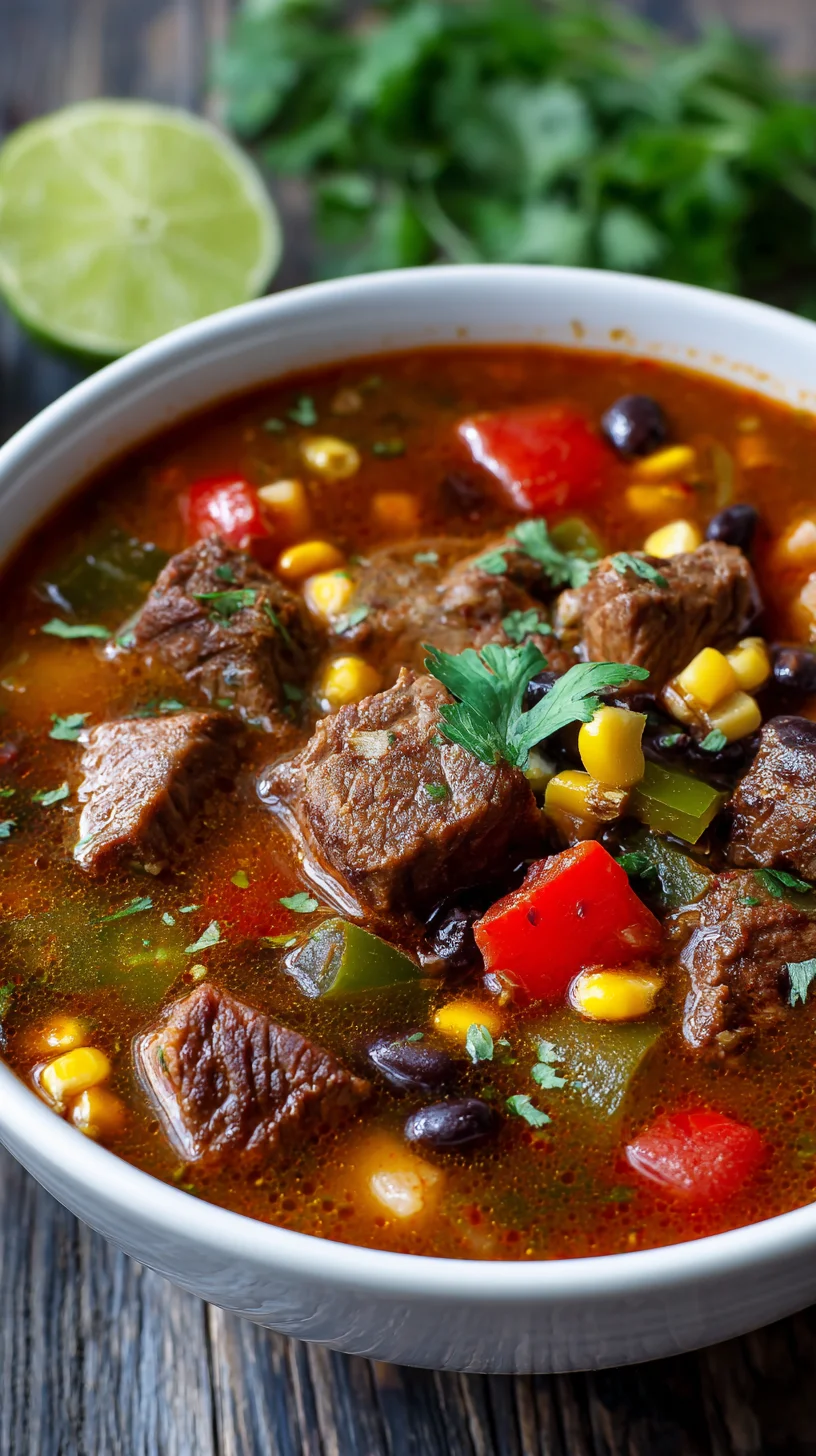 Hearty Mexican beef soup in a bowl.