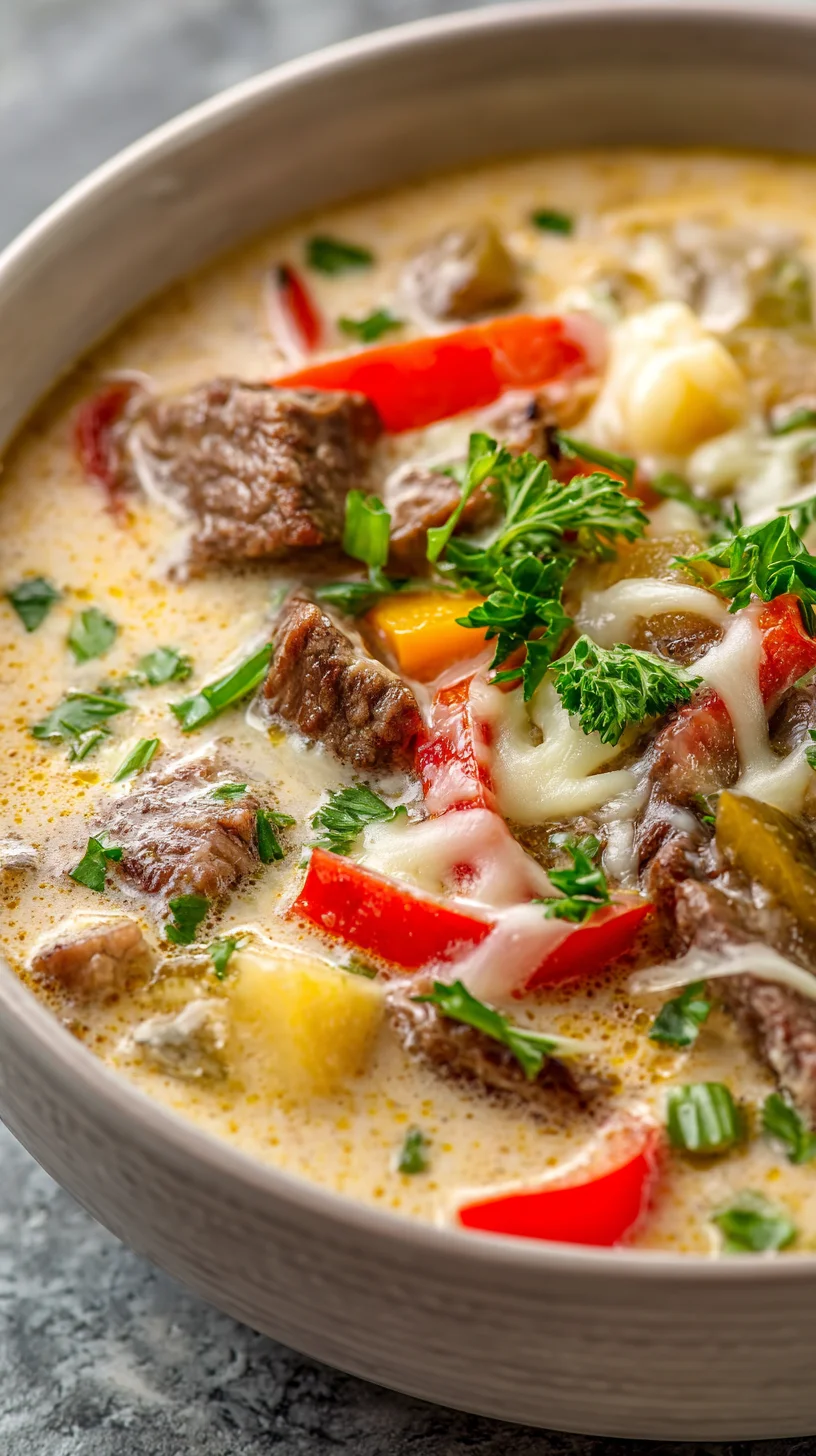 Creamy Philly cheesesteak soup in a bowl.