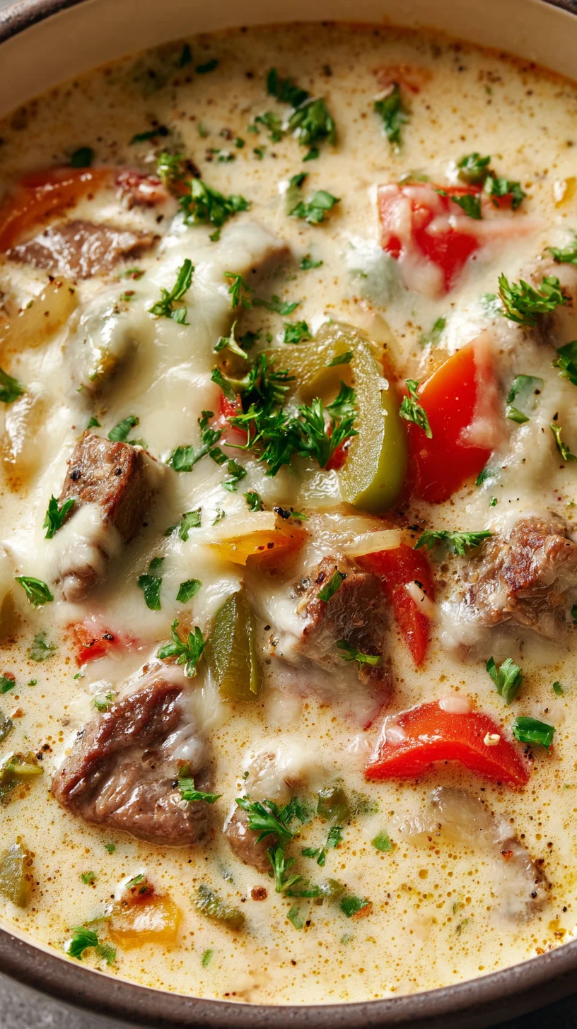 Close-up of melted provolone on Philly cheesesteak soup.