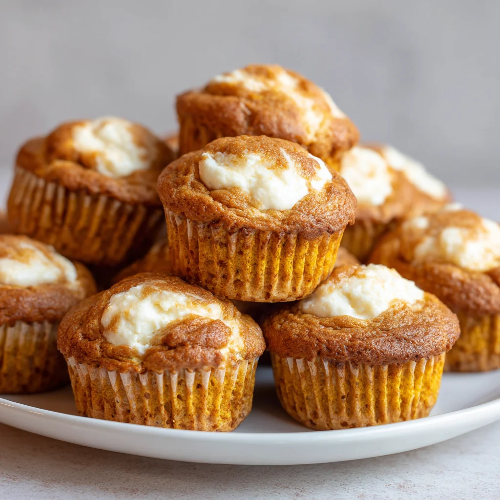 Pumpkin cream cheese swirl muffins on a plate. Pumpkin cream cheese swirl muffins on a plate.