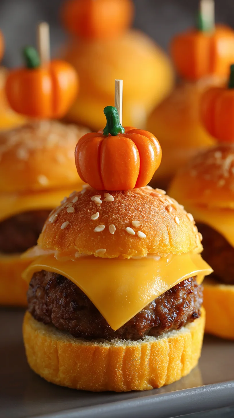 Pumpkin-shaped mini burger sliders. Pumpkin-shaped mini burger sliders.