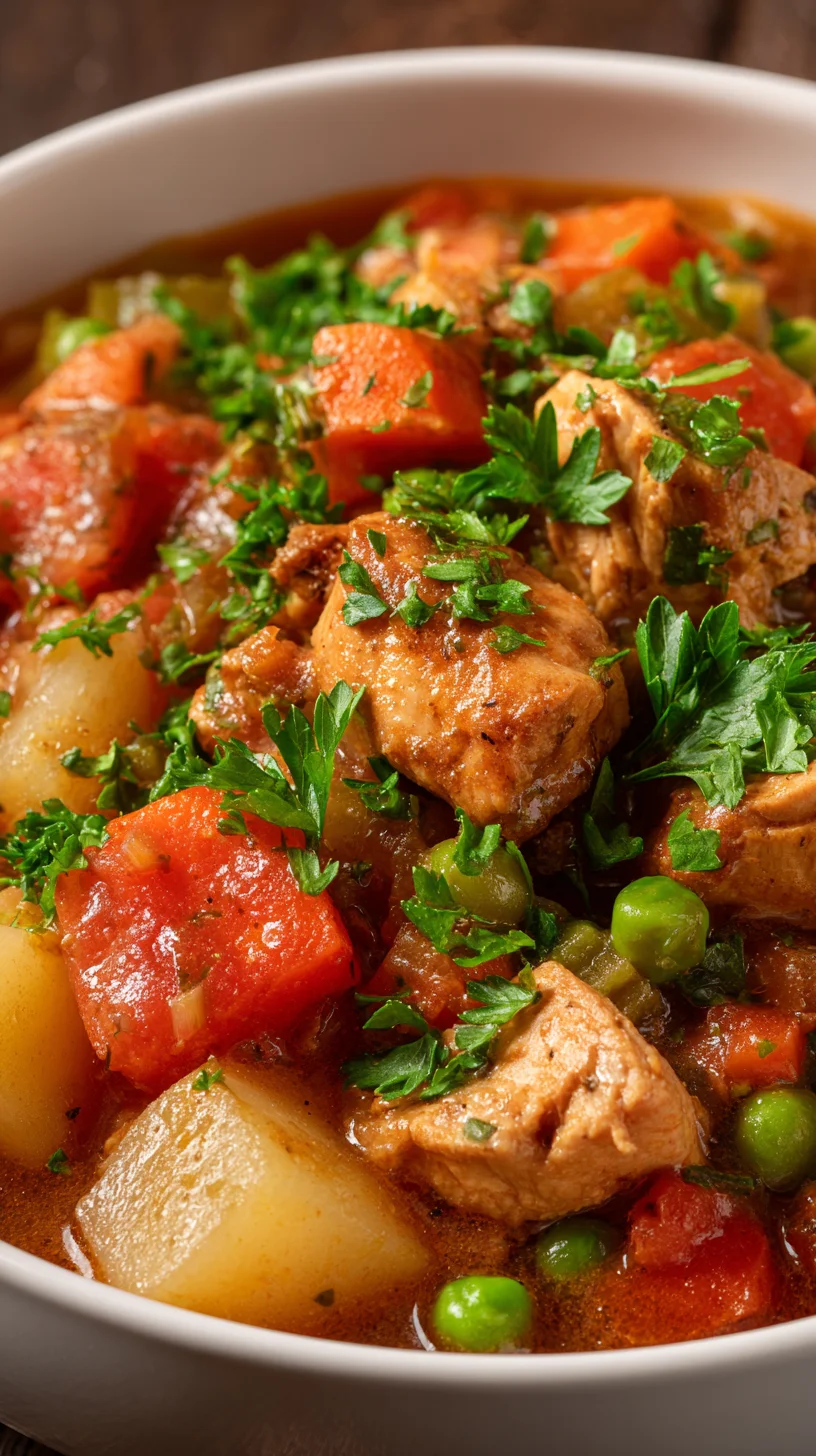 Hearty chicken stew simmering in a slow cooker.