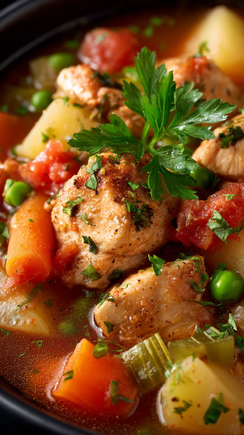 Close-up of tender chicken and vegetables in rich stew broth.