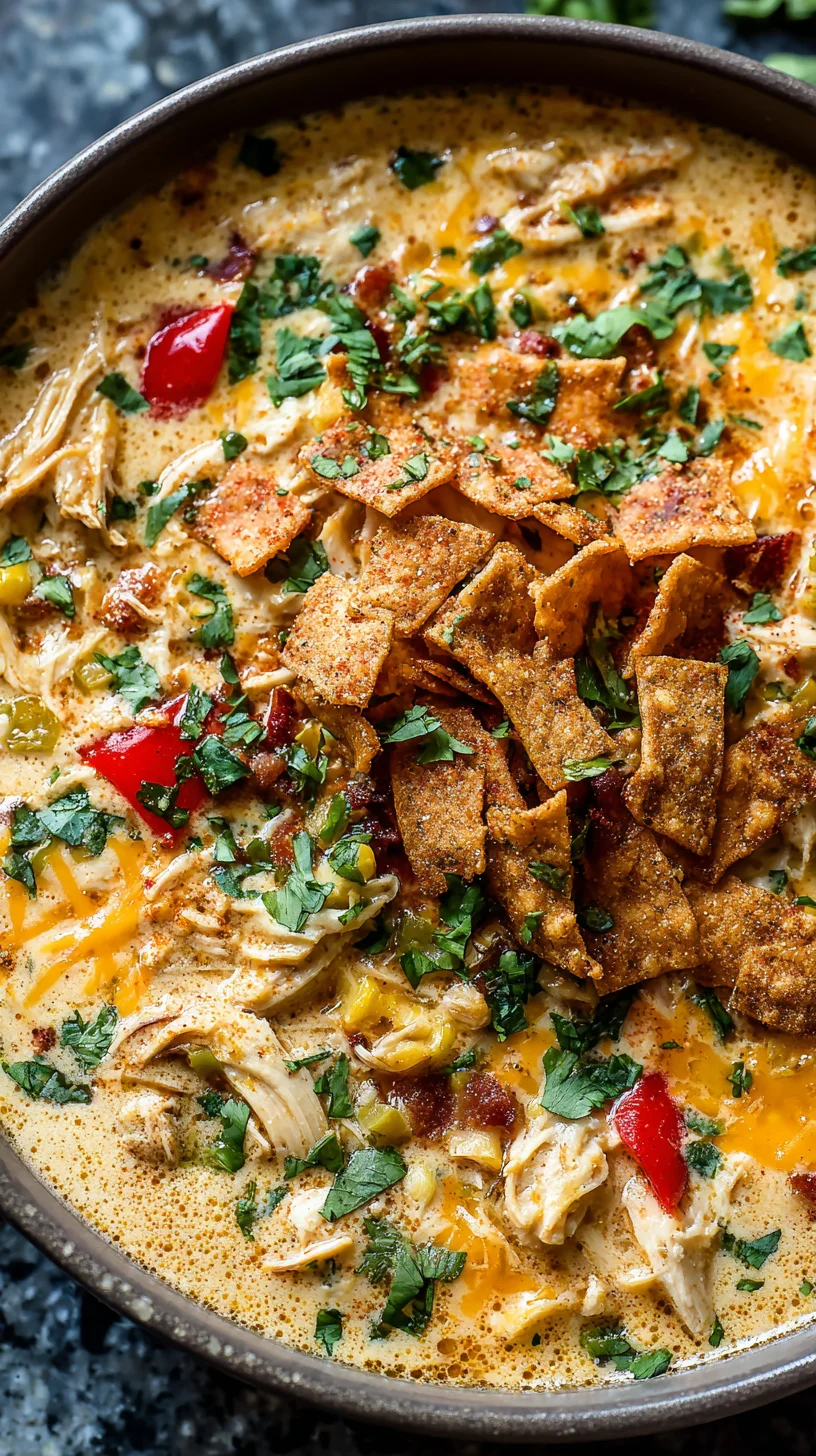 Bowl of chicken soup with jalapeños and cheese.