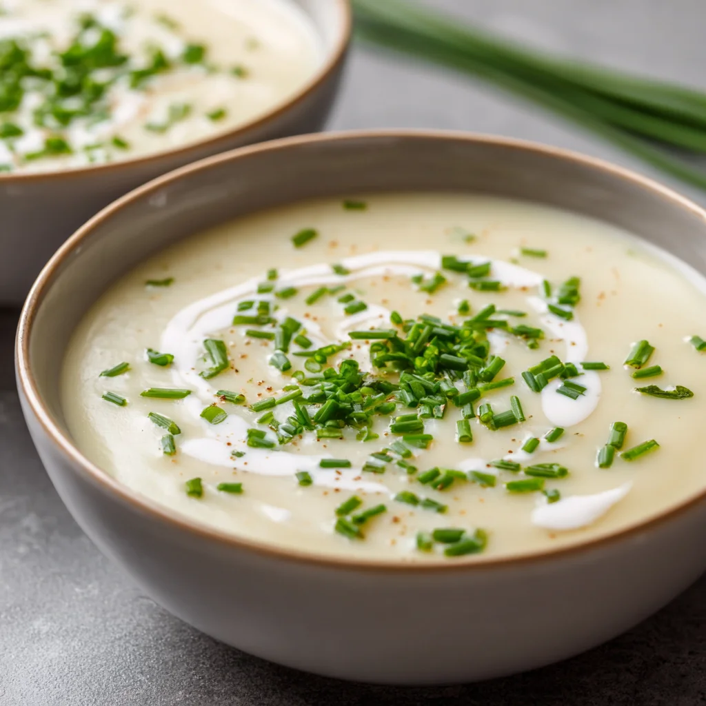 Steaming bowl of potato soup with chives.