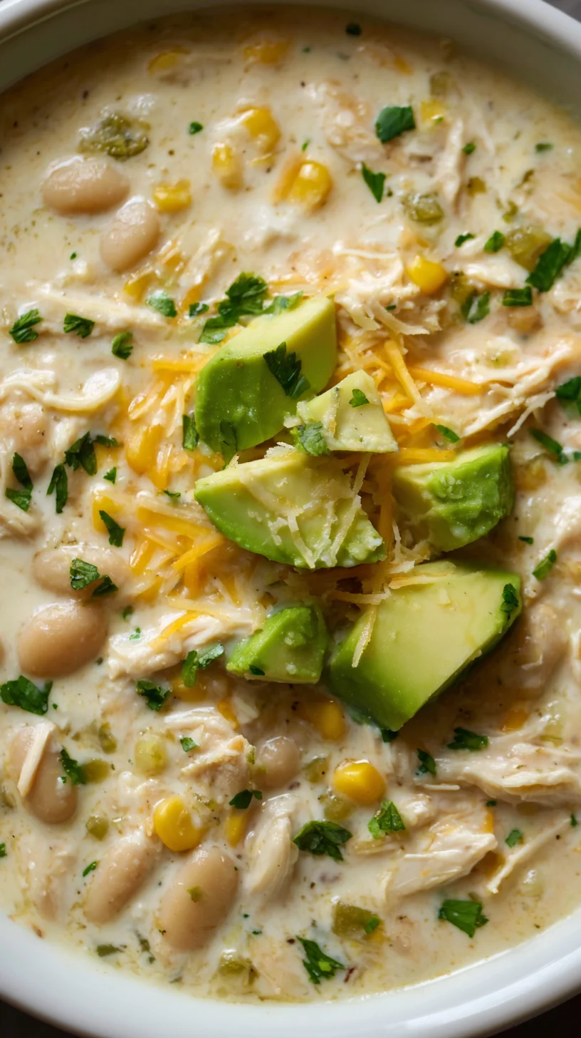 Creamy crockpot white chicken chili in a bowl.
