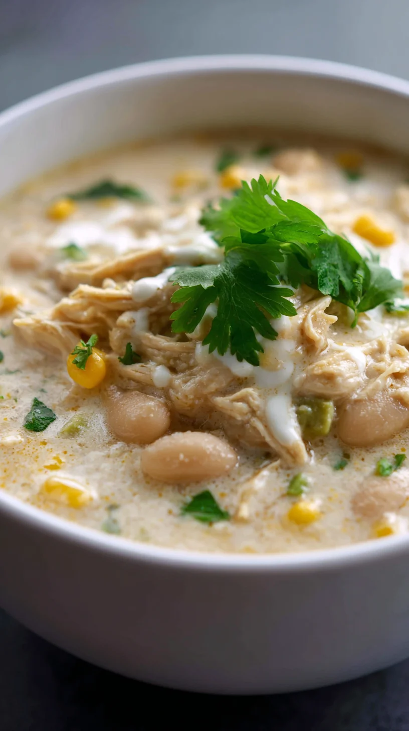 Close-up of shredded chicken and cream cheese in white chili.